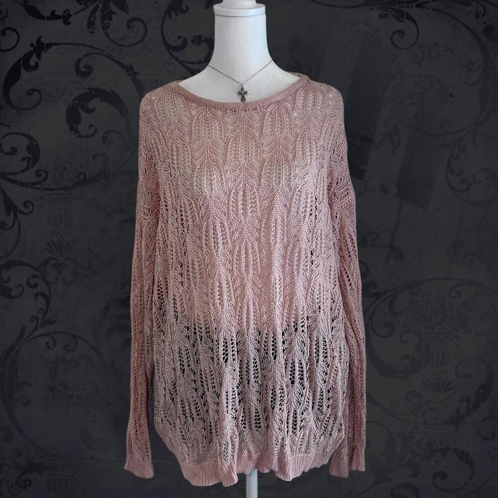 subtly metallic pastel baby pink open lace knit fairy boho top